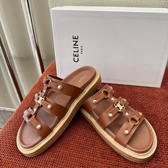 Celine Brown Leather Sandals with Gold Accents - Picture 6 of 6